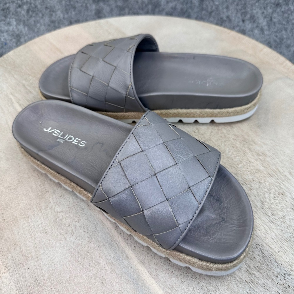 J/Slides NYC Rollie Grey Leather Woven Espadrille Platform Slides Womens 7.5 - Picture 11 of 14